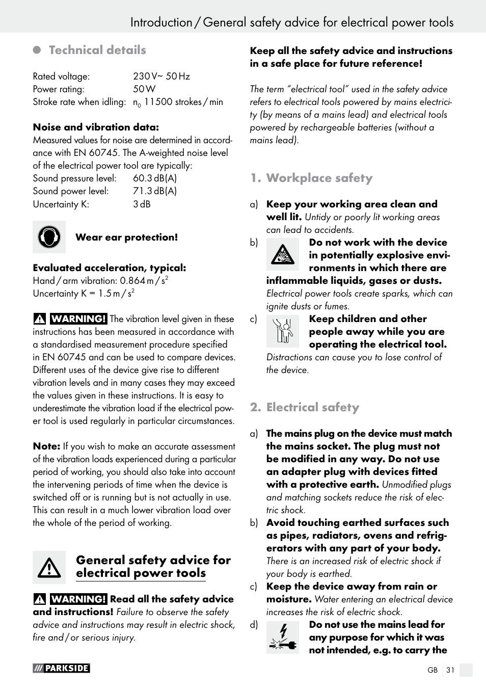 Technical details, General safety advice for electrical power tools, Workplace safety | Electrical safety | Parkside PSG 50 B2 User Manual | Page 31 / 36