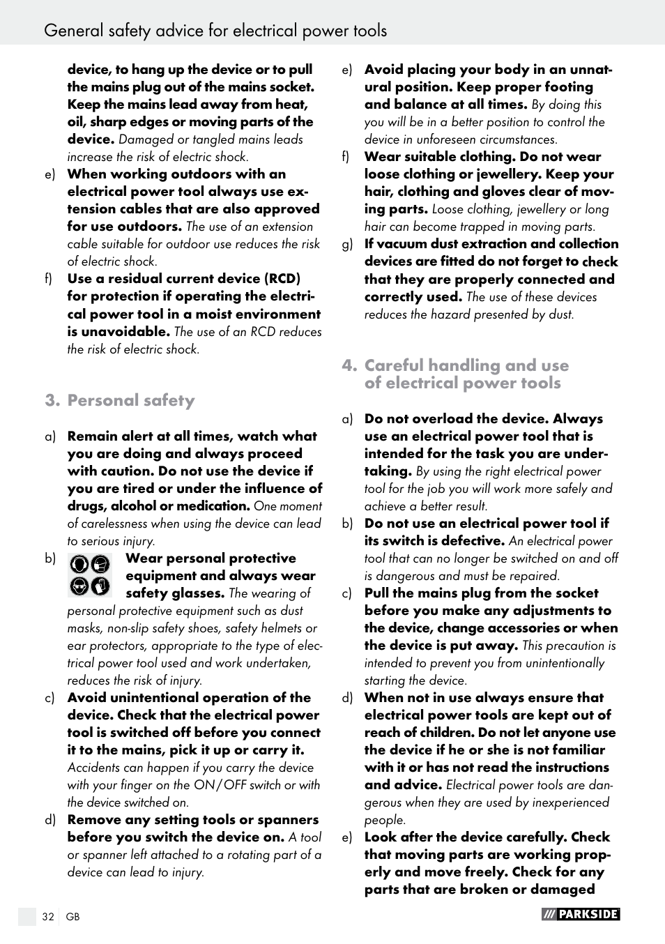 Personal safety, Careful handling and use of electrical power tools | Parkside PSG 50 B2 User Manual | Page 32 / 36