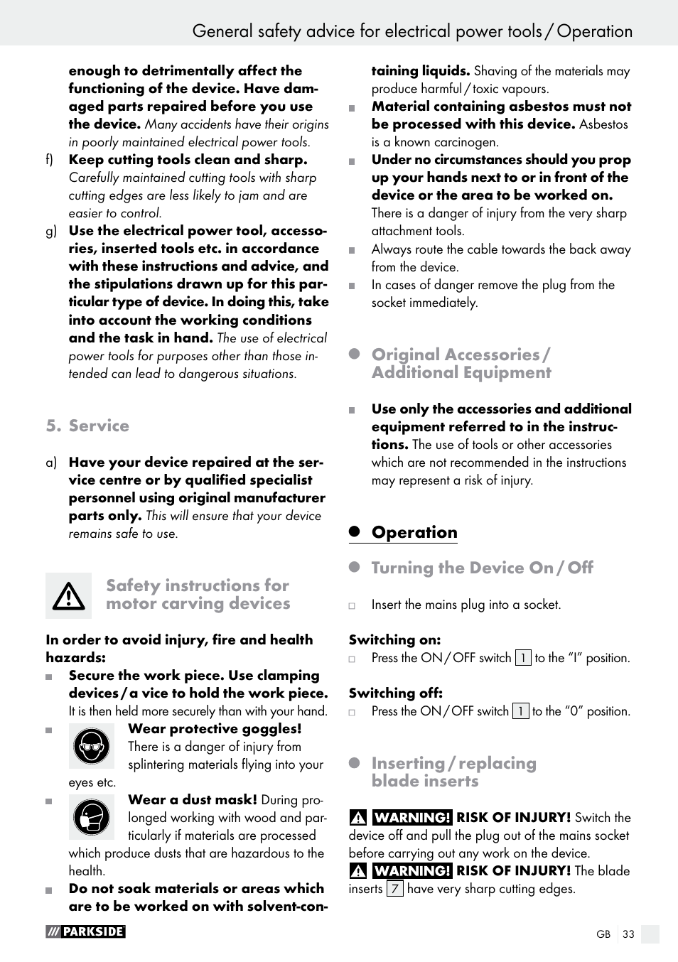 Service, Safety instructions for motor carving devices, Original accessories / additional equipment | Operation, Turning the device on / off, Inserting / replacing blade inserts | Parkside PSG 50 B2 User Manual | Page 33 / 36