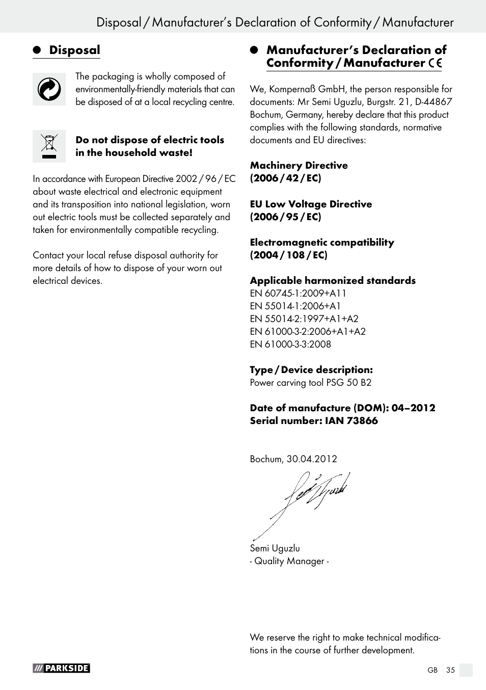Disposal | Parkside PSG 50 B2 User Manual | Page 35 / 36