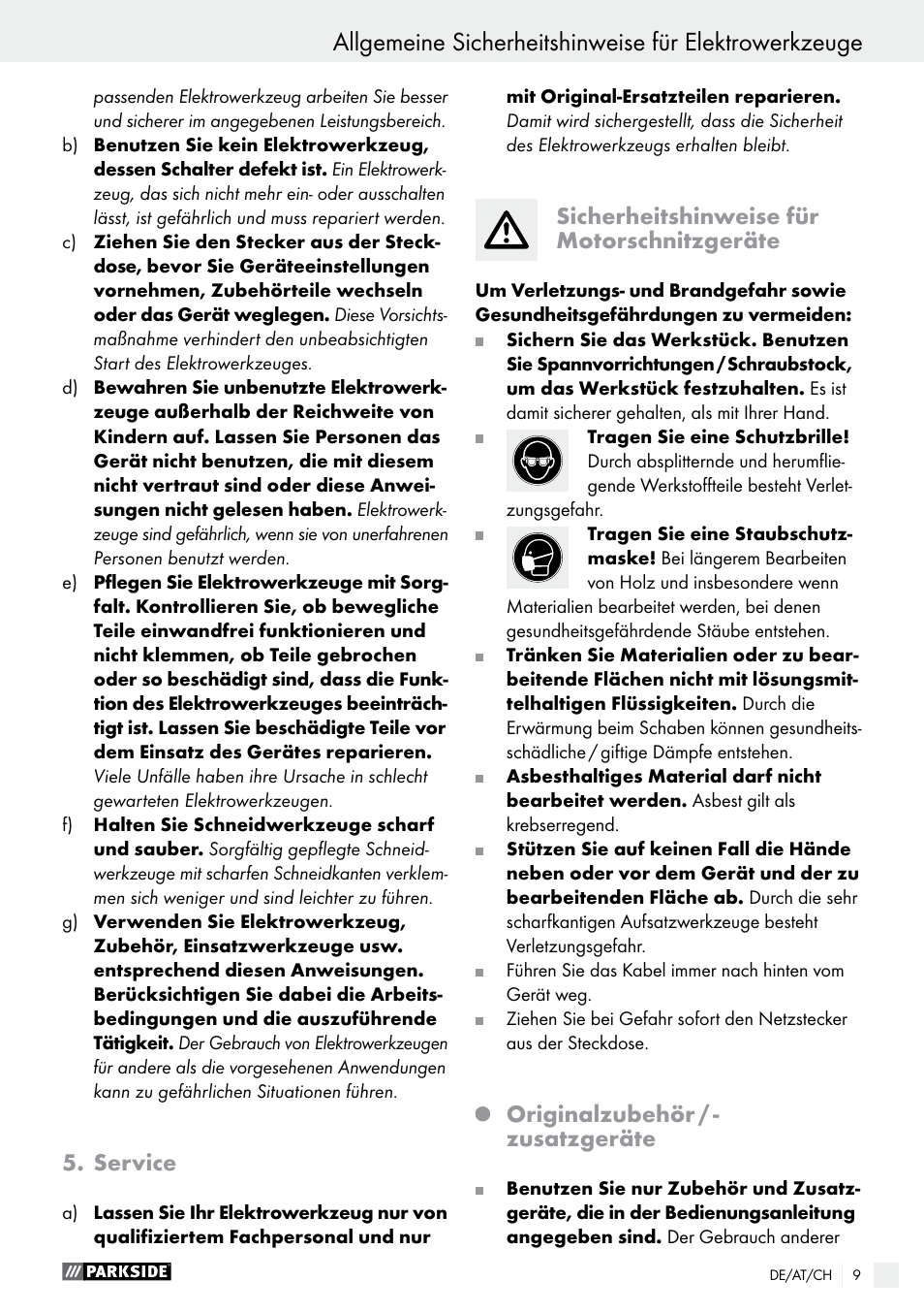 Service, Sicherheitshinweise für motorschnitzgeräte, Originalzubehör / - zusatzgeräte | Parkside PSG 50 B2 User Manual | Page 9 / 36