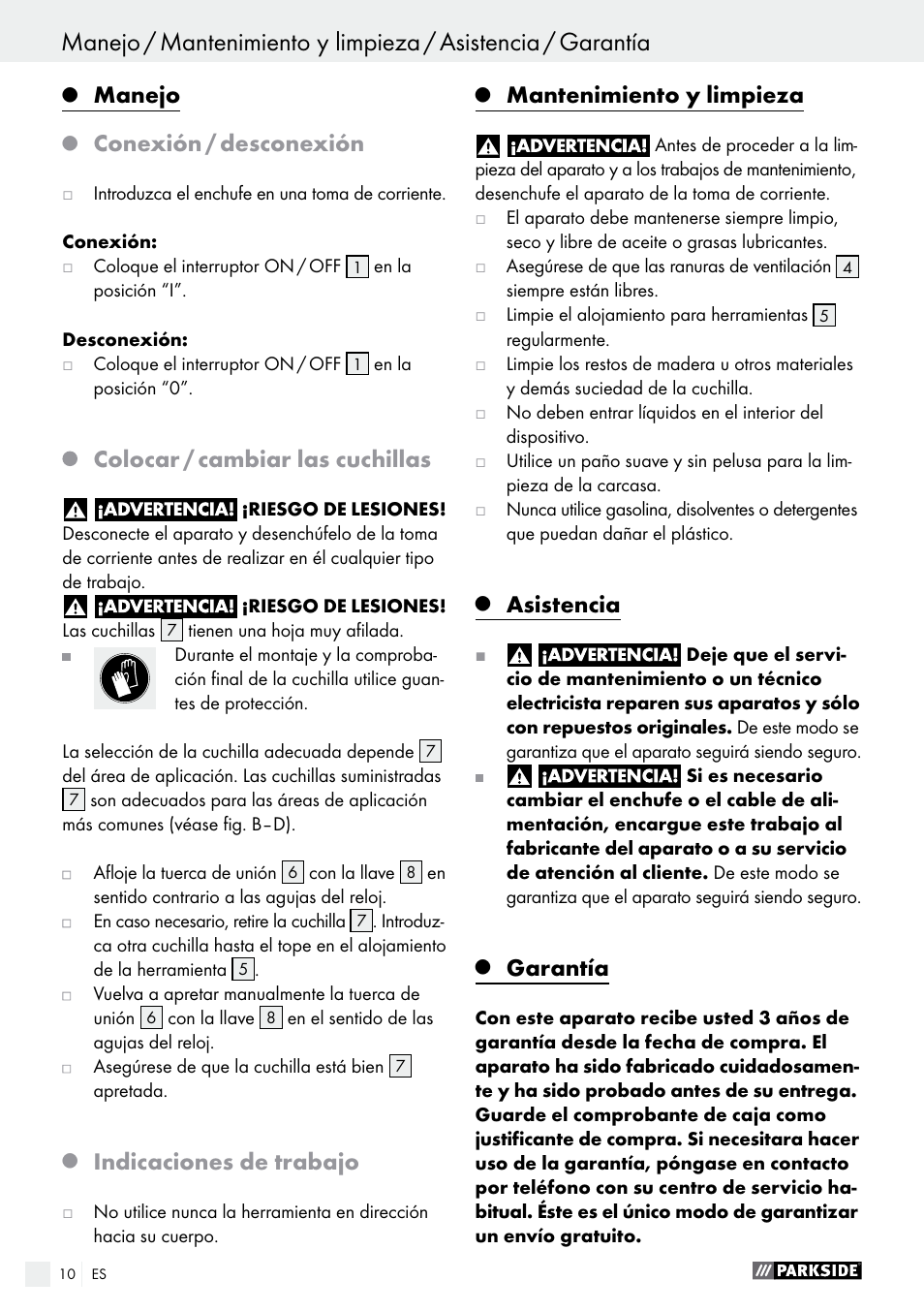 Manejo, Conexión / desconexión, Colocar / cambiar las cuchillas | Indicaciones de trabajo, Mantenimiento y limpieza, Asistencia, Garantía | Parkside PSG 50 B2 User Manual | Page 10 / 45