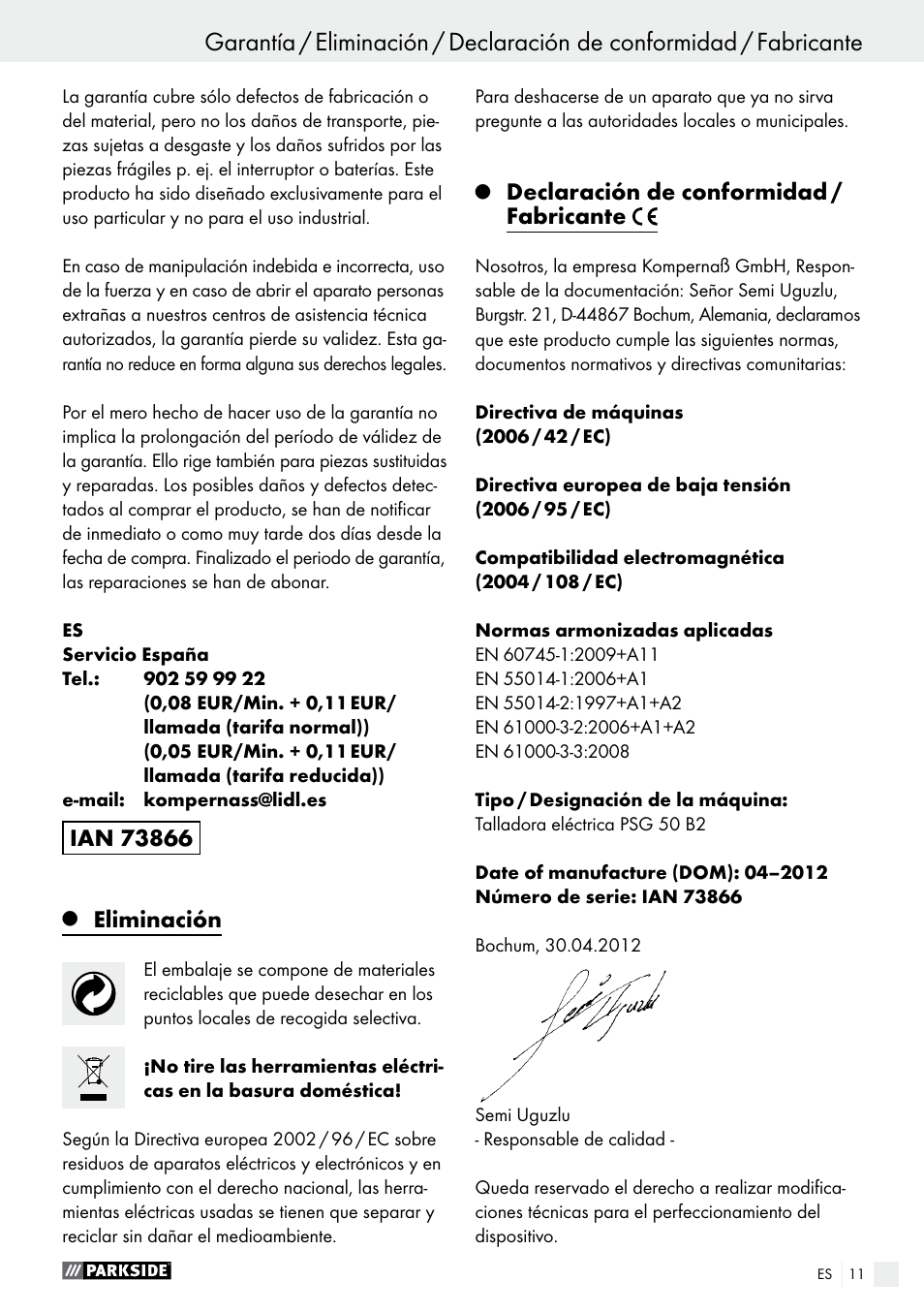 Eliminación, Declaración de conformidad / fabricante | Parkside PSG 50 B2 User Manual | Page 11 / 45