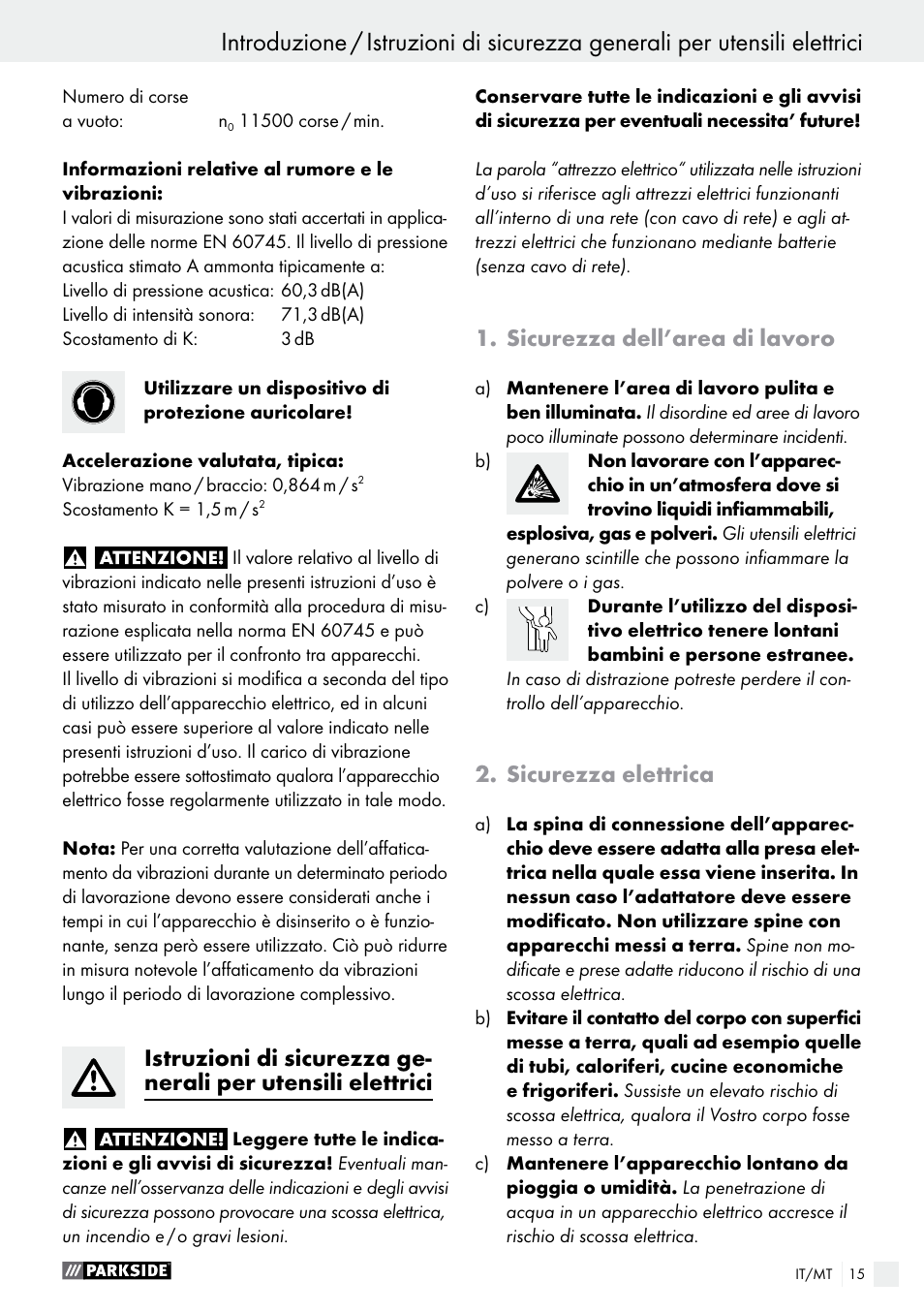 Sicurezza dell’area di lavoro, Sicurezza elettrica | Parkside PSG 50 B2 User Manual | Page 15 / 45