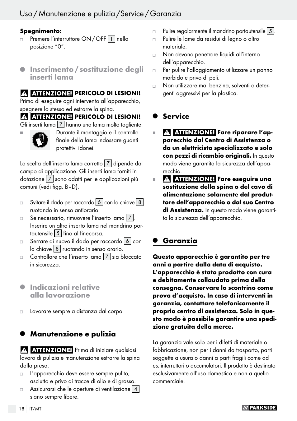 Inserimento / sostituzione degli inserti lama, Indicazioni relative alla lavorazione, Manutenzione e pulizia | Service, Garanzia | Parkside PSG 50 B2 User Manual | Page 18 / 45