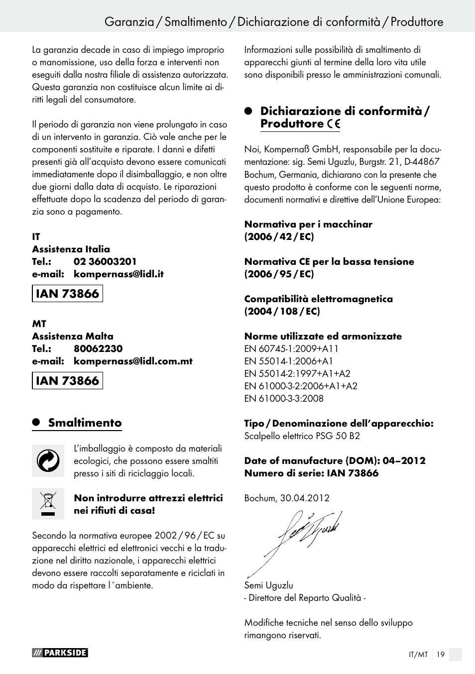Smaltimento, Dichiarazione di conformità / produttore | Parkside PSG 50 B2 User Manual | Page 19 / 45