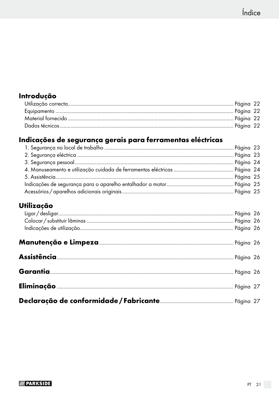 Índice | Parkside PSG 50 B2 User Manual | Page 21 / 45