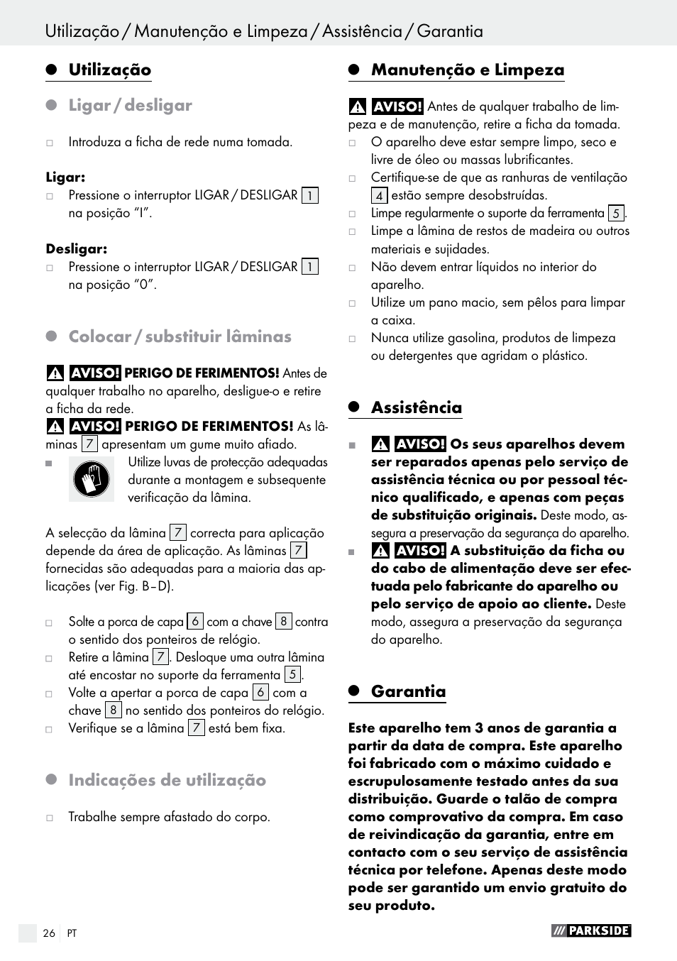 Utilização, Ligar / desligar, Colocar / substituir lâminas | Indicações de utilização, Manutenção e limpeza, Assistência, Garantia | Parkside PSG 50 B2 User Manual | Page 26 / 45