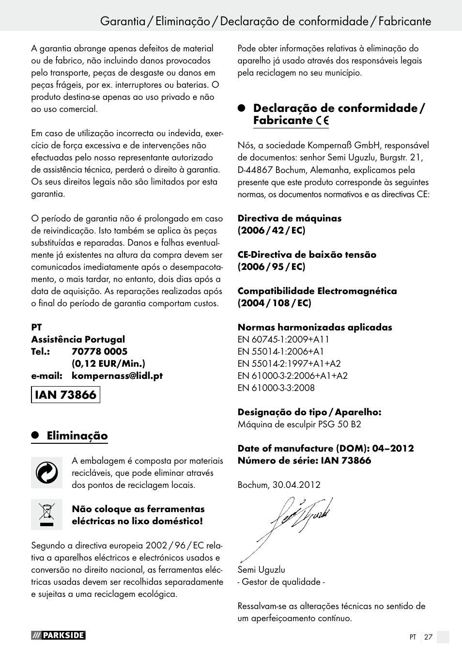 Eliminação, Declaração de conformidade / fabricante | Parkside PSG 50 B2 User Manual | Page 27 / 45