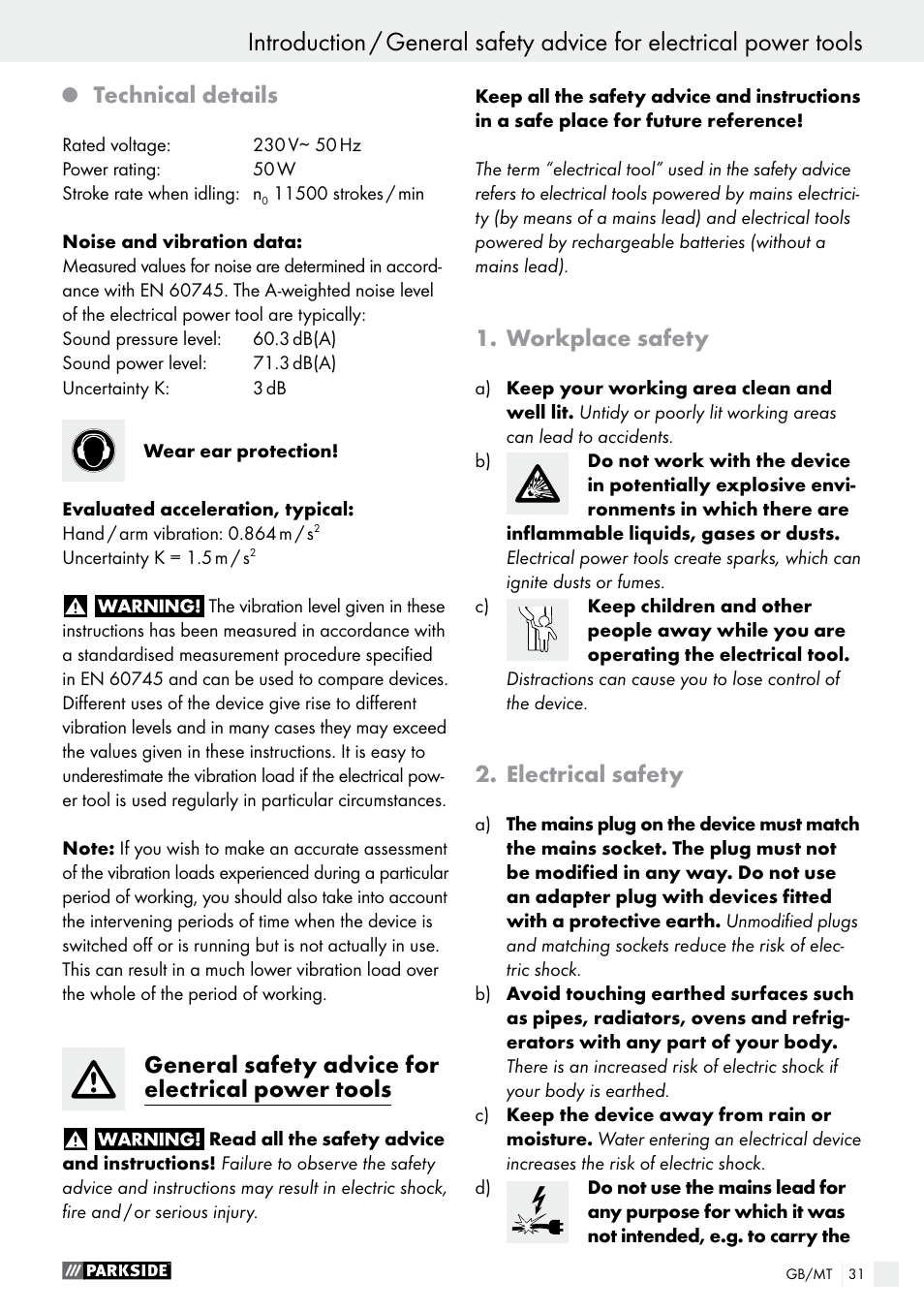 Technical details, General safety advice for electrical power tools, Workplace safety | Electrical safety | Parkside PSG 50 B2 User Manual | Page 31 / 45