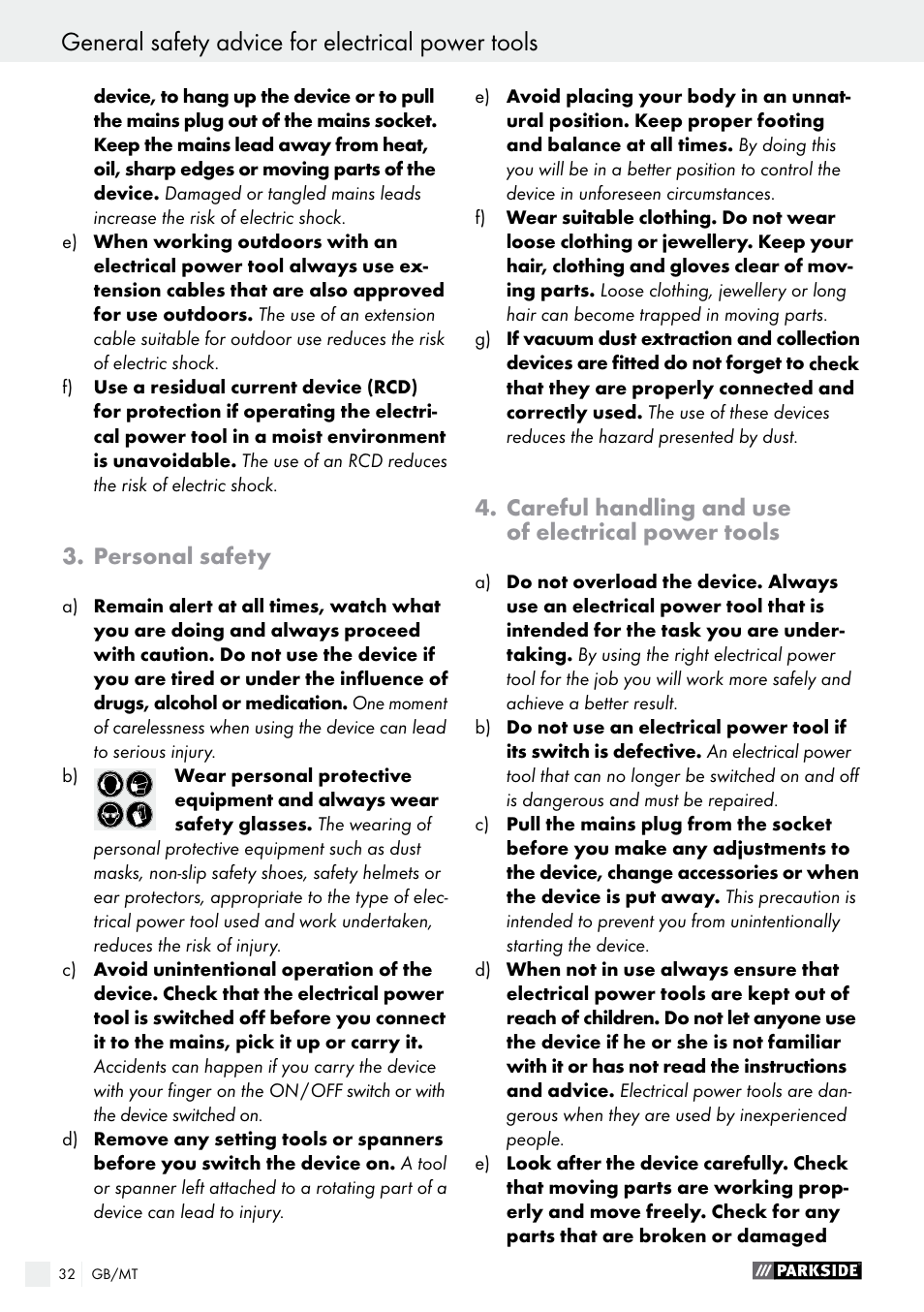 Personal safety, Careful handling and use of electrical power tools | Parkside PSG 50 B2 User Manual | Page 32 / 45