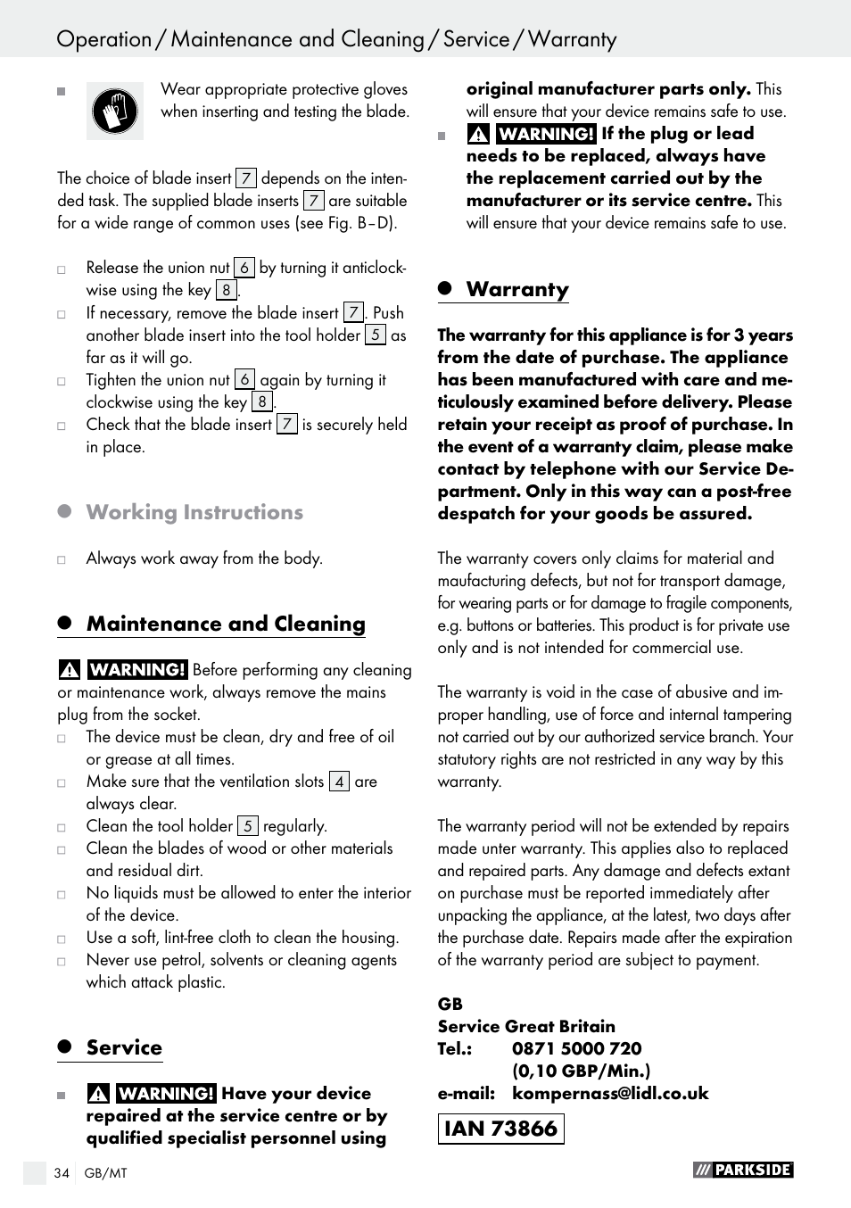 Working instructions, Maintenance and cleaning, Service | Warranty | Parkside PSG 50 B2 User Manual | Page 34 / 45