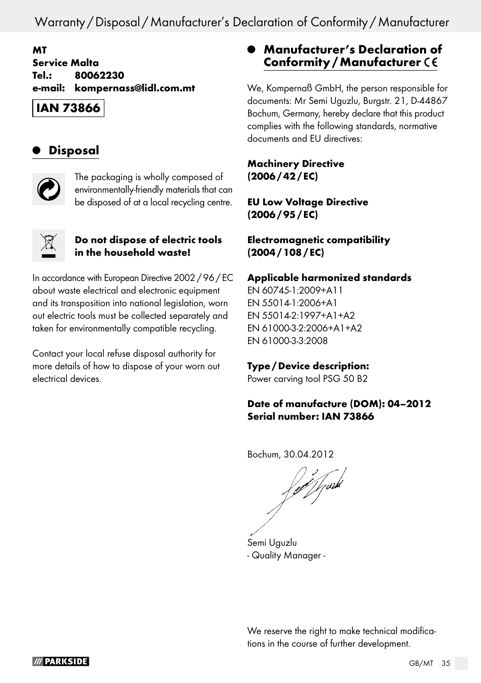 Disposal | Parkside PSG 50 B2 User Manual | Page 35 / 45