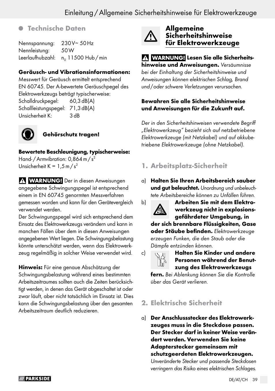 Einleitung, Technische daten, Arbeitsplatz-sicherheit | Elektrische sicherheit | Parkside PSG 50 B2 User Manual | Page 39 / 45