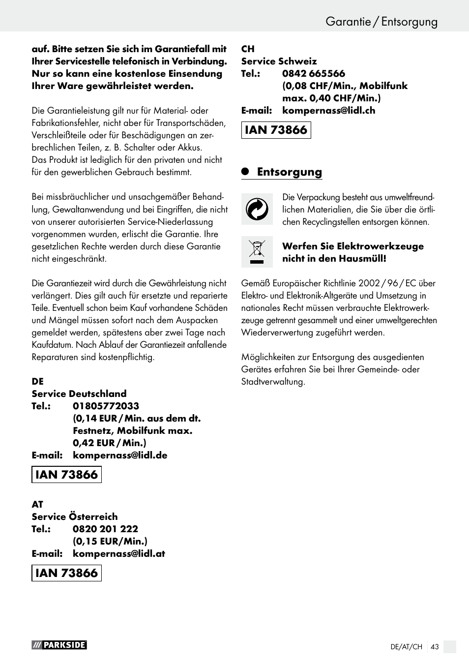 Entsorgung | Parkside PSG 50 B2 User Manual | Page 43 / 45