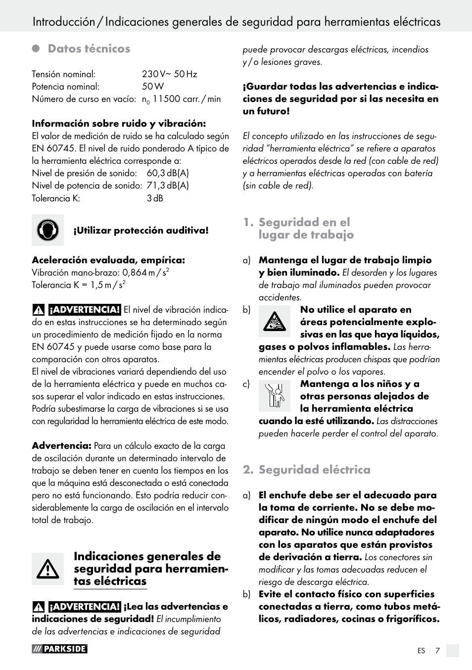 Datos técnicos, Seguridad en el lugar de trabajo, Seguridad eléctrica | Parkside PSG 50 B2 User Manual | Page 7 / 45