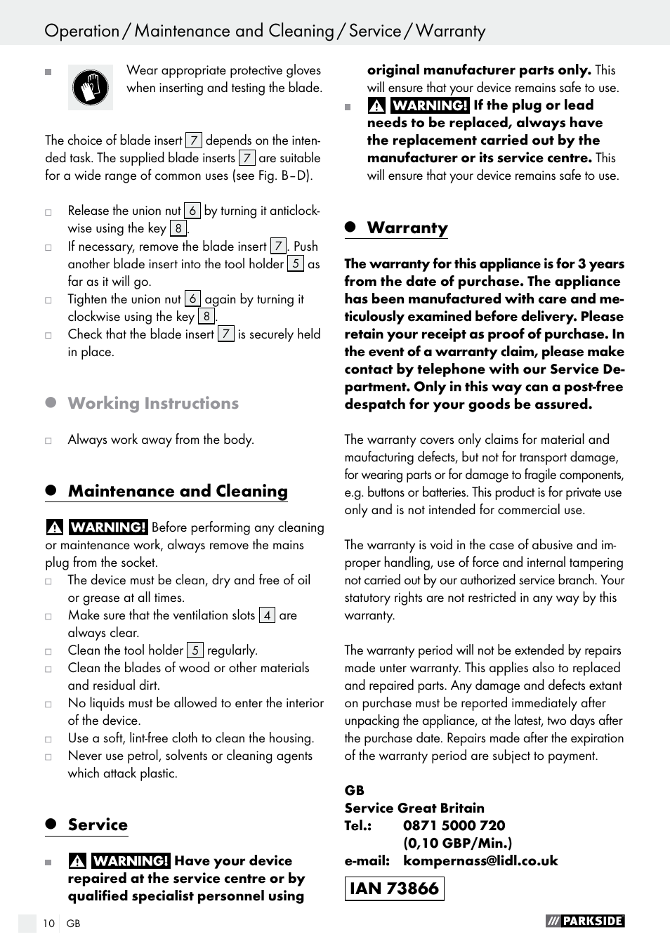 Working instructions, Maintenance and cleaning, Service | Warranty | Parkside PSG 50 B2 User Manual | Page 10 / 45
