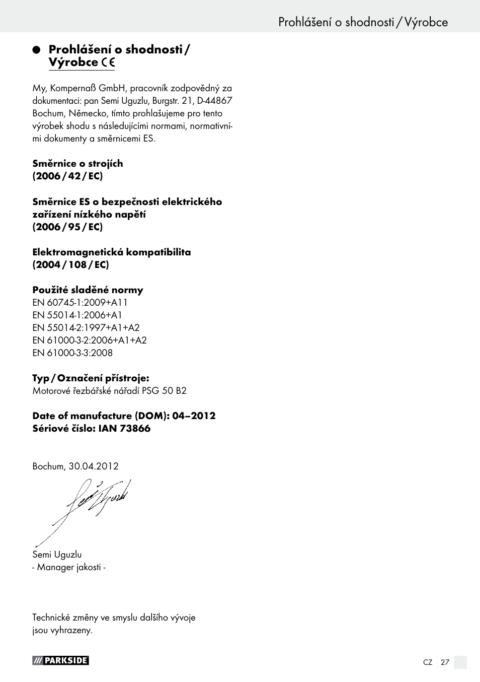 Prohlášení o shodnosti / výrobce | Parkside PSG 50 B2 User Manual | Page 27 / 45