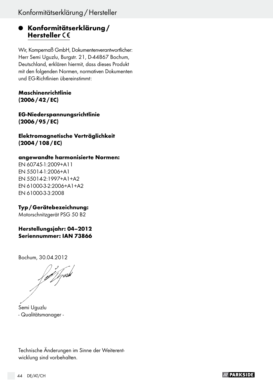 Konformitätserklärung / hersteller | Parkside PSG 50 B2 User Manual | Page 44 / 45