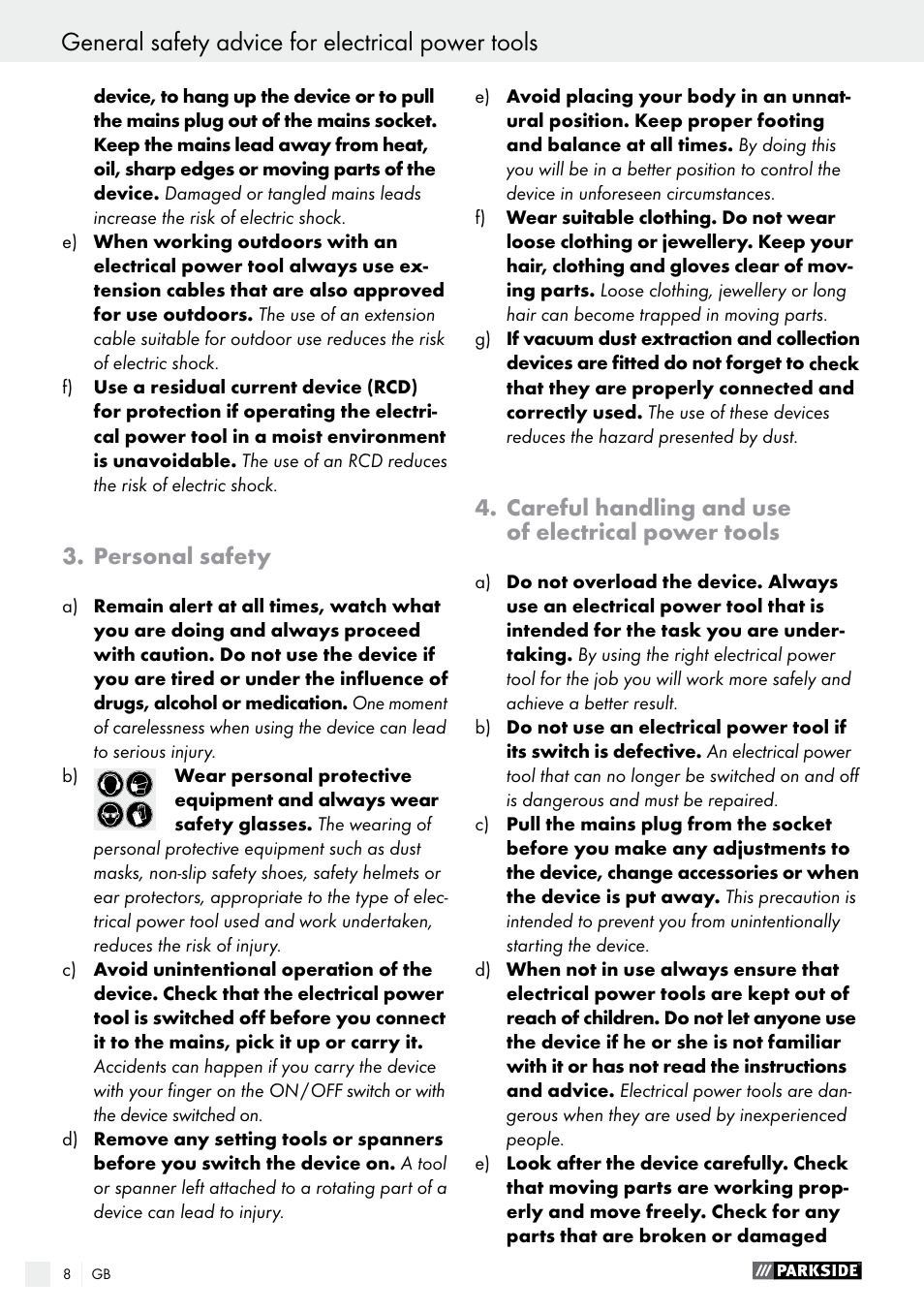 Personal safety, Careful handling and use of electrical power tools | Parkside PSG 50 B2 User Manual | Page 8 / 45