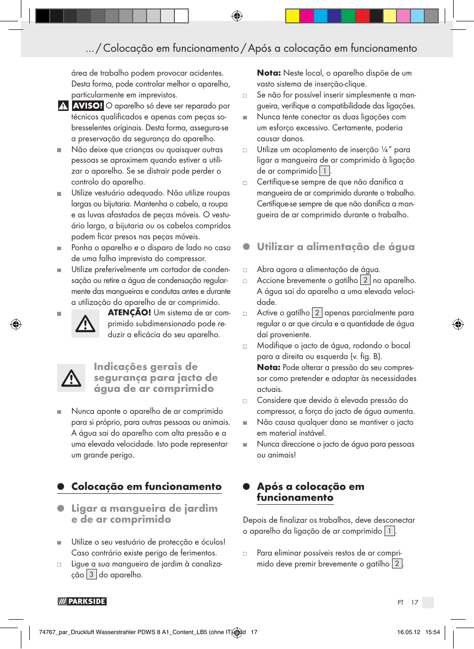 Utilizar a alimentação de água, Após a colocação em funcionamento | Parkside PDWS 8 A1 User Manual | Page 13 / 31