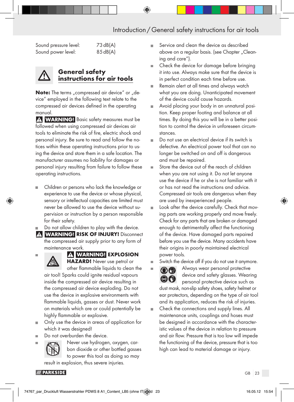 Introduction, General safety instructions for air tools | Parkside PDWS 8 A1 User Manual | Page 19 / 31