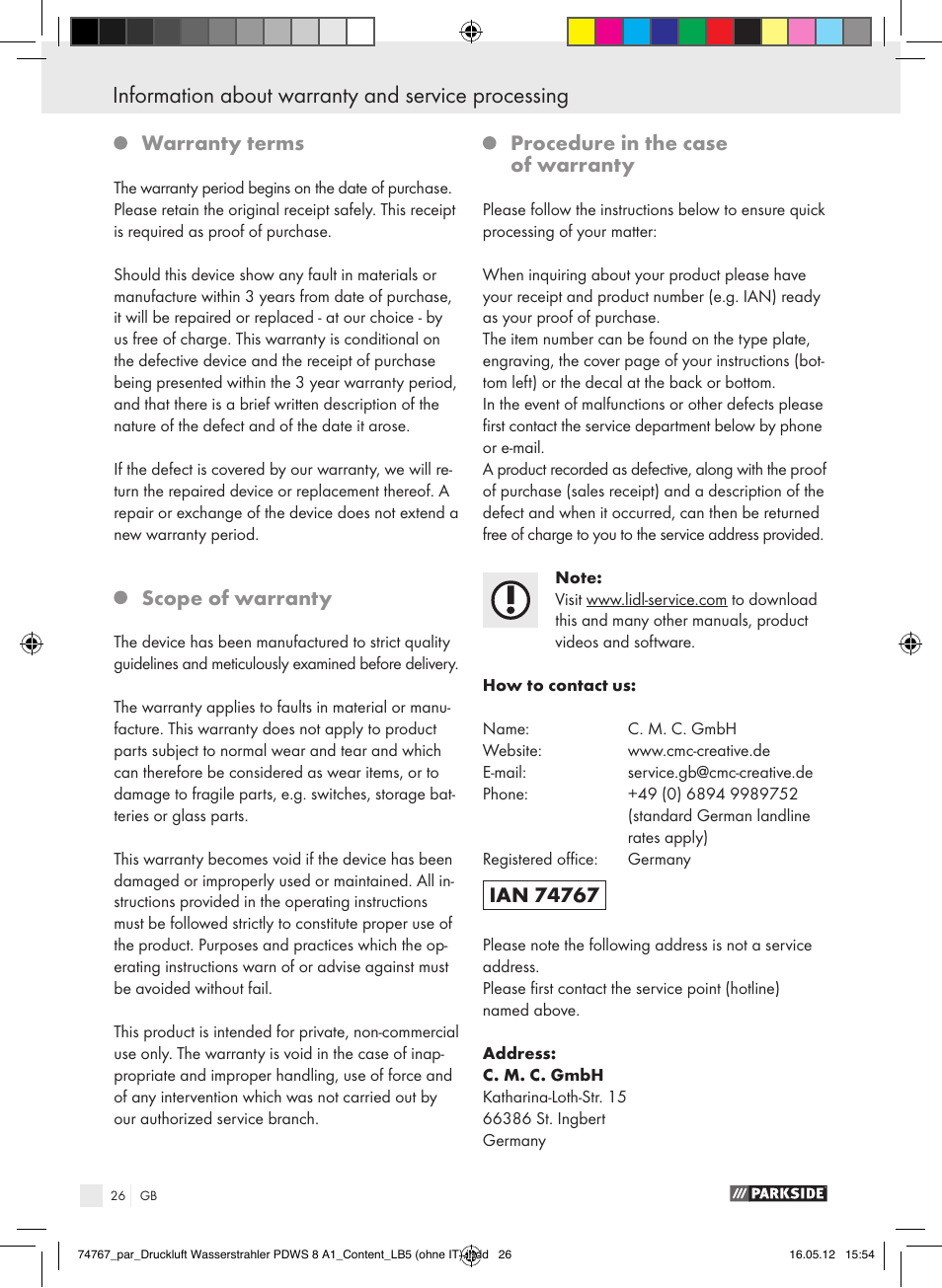 Warranty terms, Scope of warranty, Procedure in the case of warranty | Parkside PDWS 8 A1 User Manual | Page 22 / 31