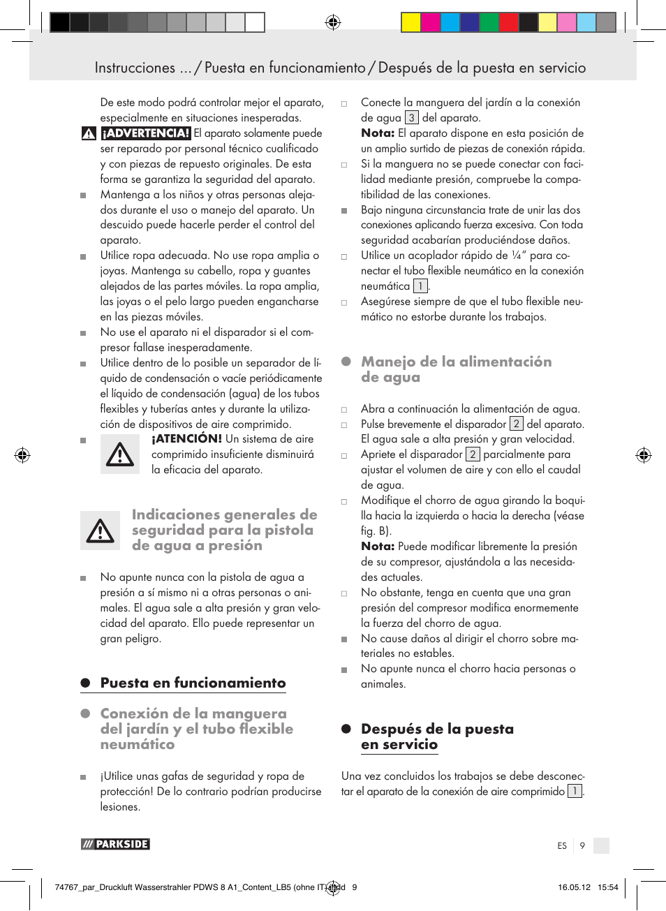 Manejo de la alimentación de agua, Después de la puesta en servicio | Parkside PDWS 8 A1 User Manual | Page 5 / 31