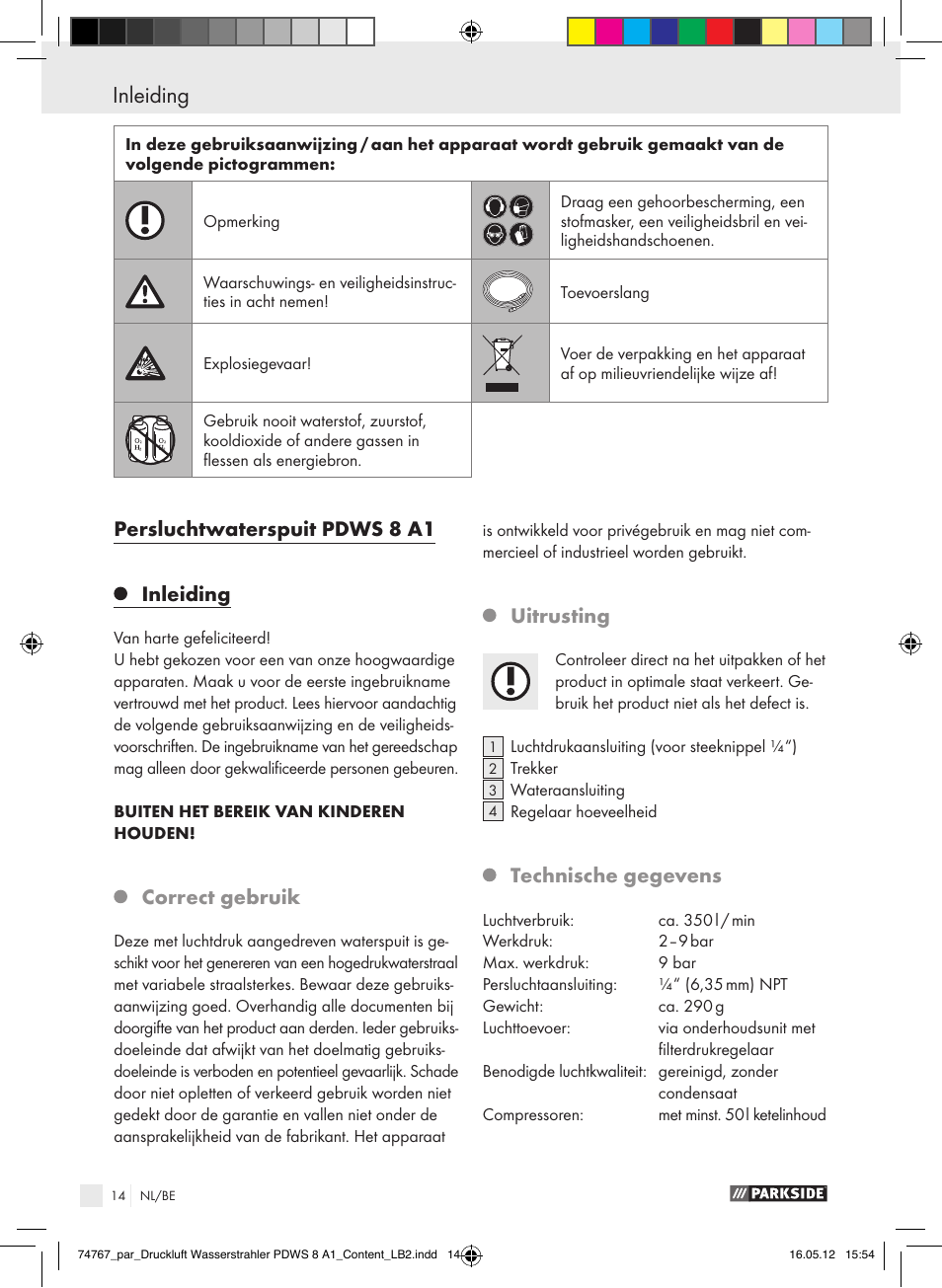 Persluchtwaterspuit pdws 8 a1 inleiding, Correct gebruik, Uitrusting | Technische gegevens | Parkside PDWS 8 A1 User Manual | Page 10 / 31