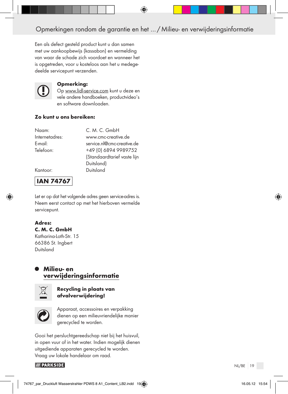 Milieu- en verwijderingsinformatie | Parkside PDWS 8 A1 User Manual | Page 15 / 31
