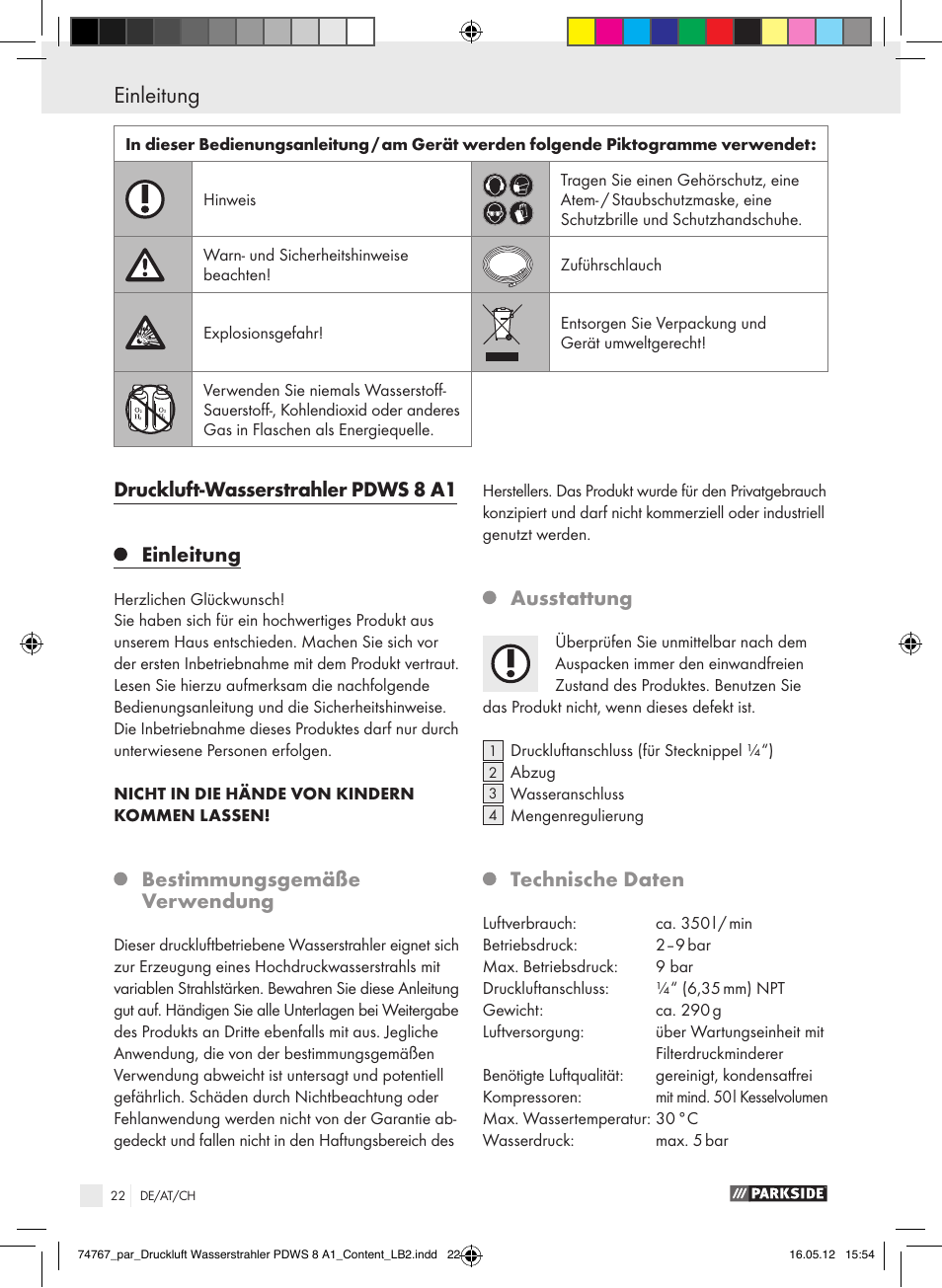Druckluft-wasserstrahler pdws 8 a1 einleitung, Bestimmungsgemäße verwendung, Ausstattung | Technische daten | Parkside PDWS 8 A1 User Manual | Page 18 / 31