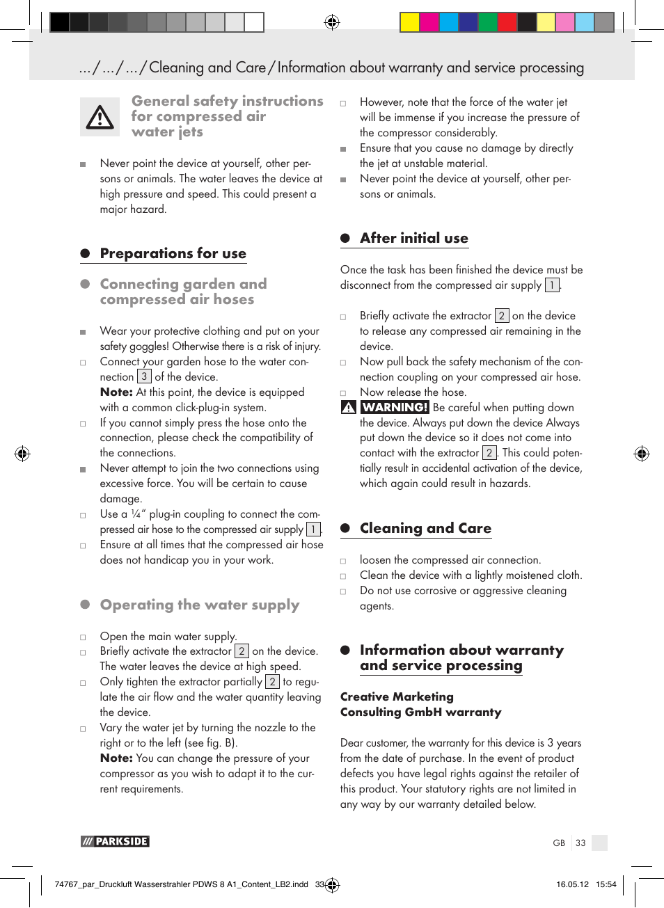 General safety instructions for air tools, Operating the water supply, After initial use | Cleaning and care, Information about warranty and service processing | Parkside PDWS 8 A1 User Manual | Page 29 / 31