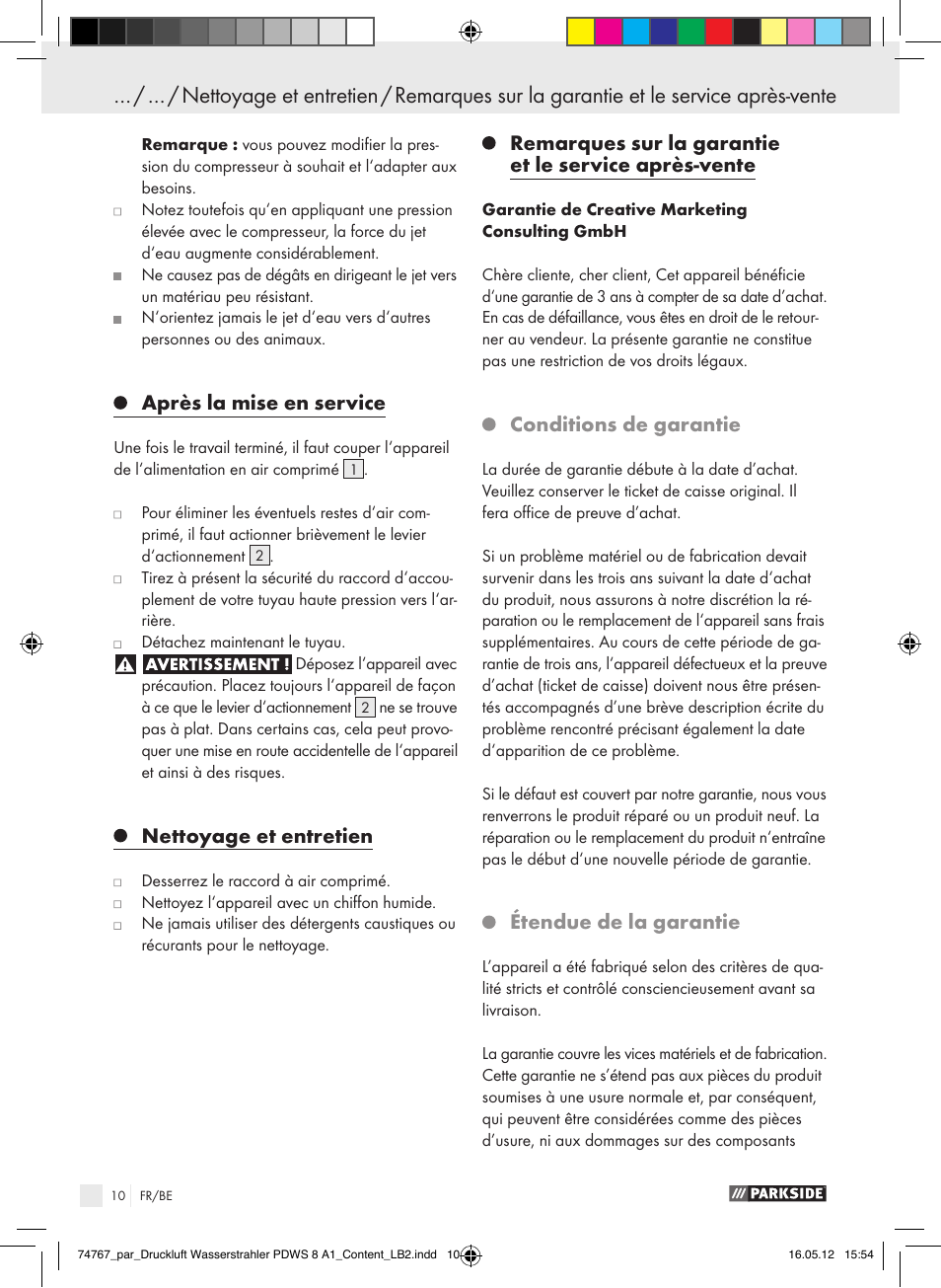 Après la mise en service, Nettoyage et entretien, Conditions de garantie | Étendue de la garantie | Parkside PDWS 8 A1 User Manual | Page 6 / 31