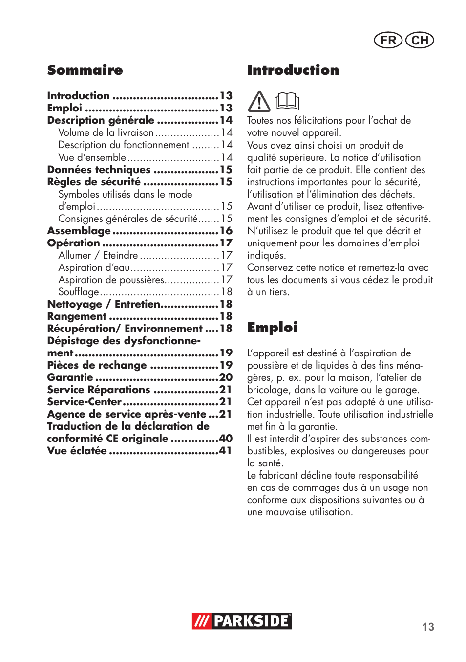 Sommaire, Introduction, Emploi | Fr ch | Parkside PNTS 1300 B2 User Manual | Page 13 / 44