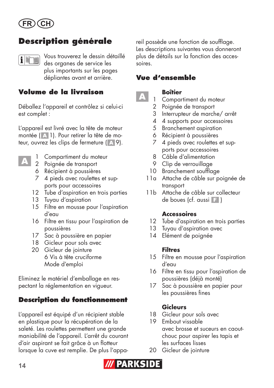 Description générale, Fr ch | Parkside PNTS 1300 B2 User Manual | Page 14 / 44