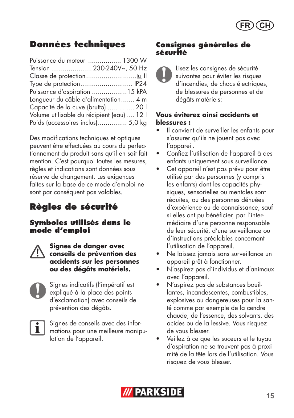 Données techniques, Règles de sécurité, Fr ch | Parkside PNTS 1300 B2 User Manual | Page 15 / 44
