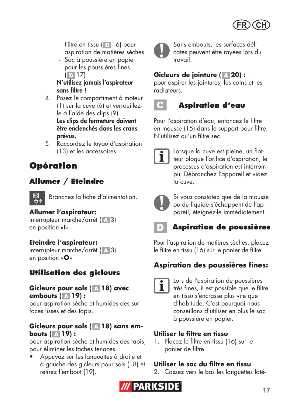 Opération, Fr ch | Parkside PNTS 1300 B2 User Manual | Page 17 / 44