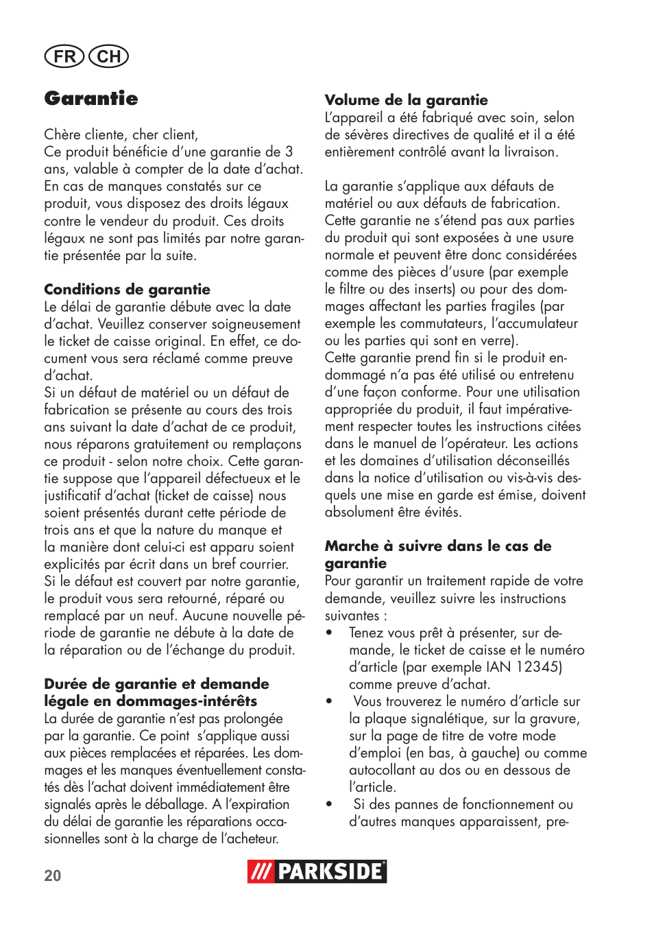 Garantie, Fr ch | Parkside PNTS 1300 B2 User Manual | Page 20 / 44