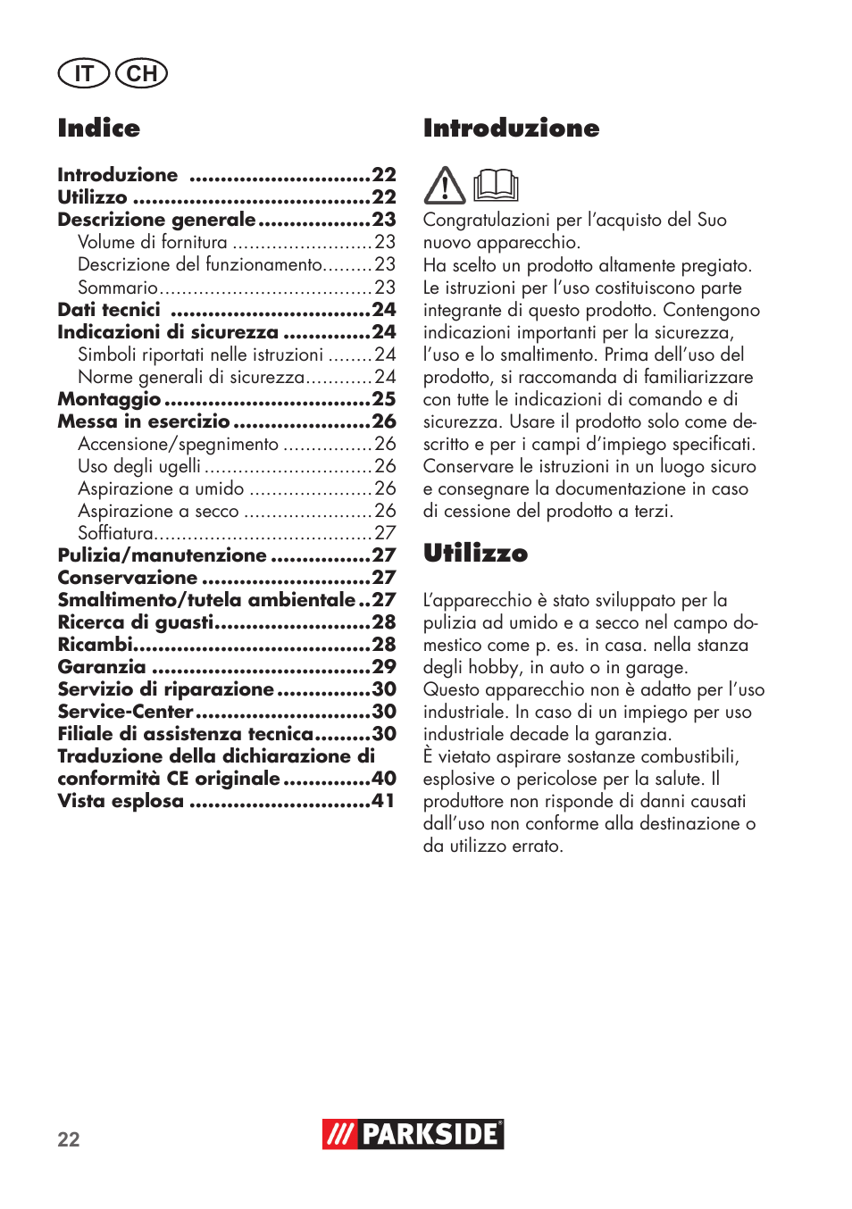 Indice, Introduzione, Utilizzo | It ch | Parkside PNTS 1300 B2 User Manual | Page 22 / 44