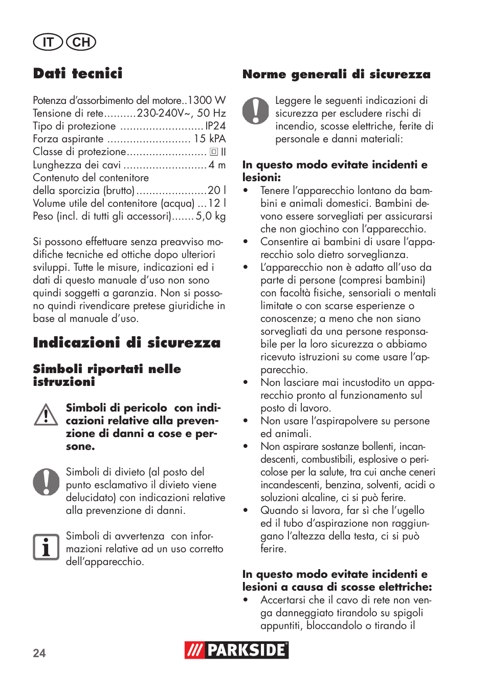 Dati tecnici, Indicazioni di sicurezza, It ch | Parkside PNTS 1300 B2 User Manual | Page 24 / 44