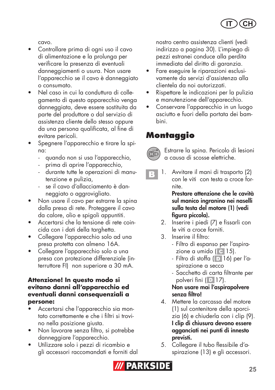 Montaggio, It ch | Parkside PNTS 1300 B2 User Manual | Page 25 / 44