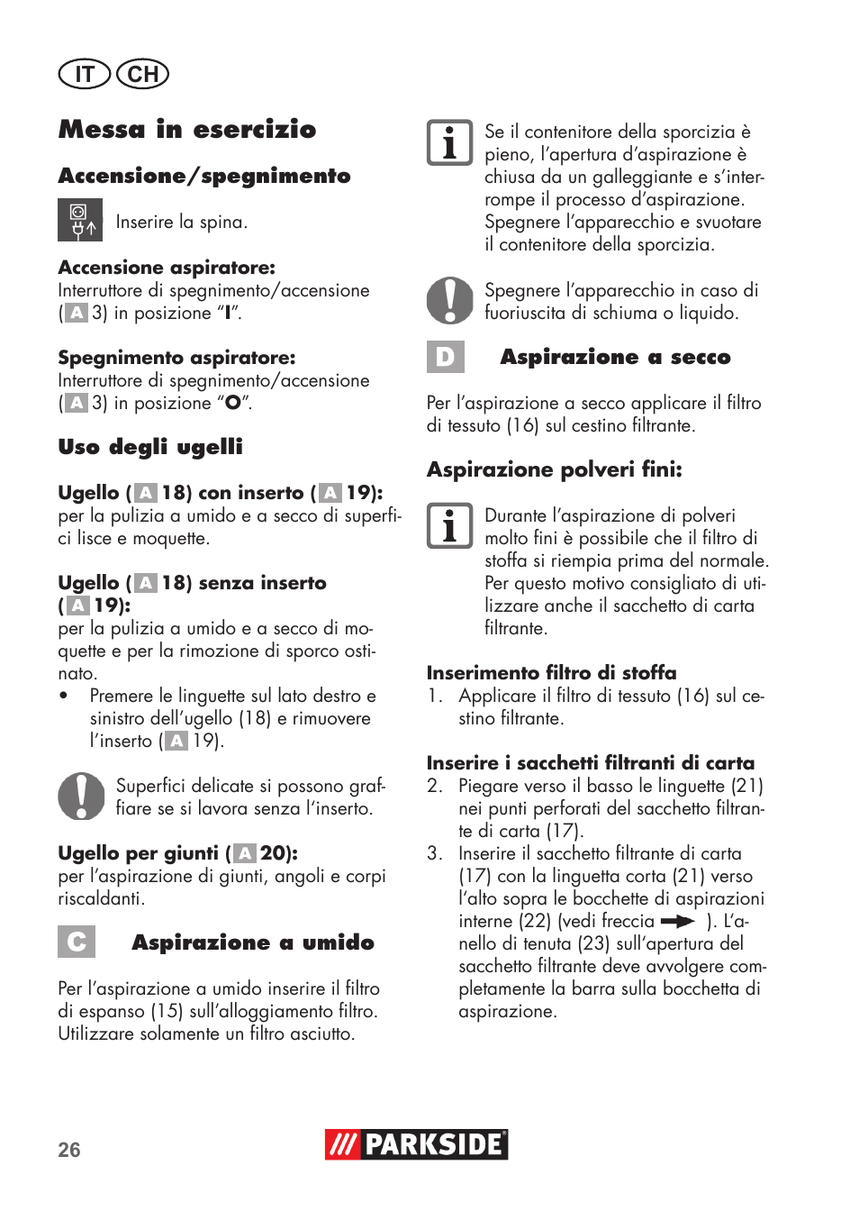 Messa in esercizio, It ch | Parkside PNTS 1300 B2 User Manual | Page 26 / 44