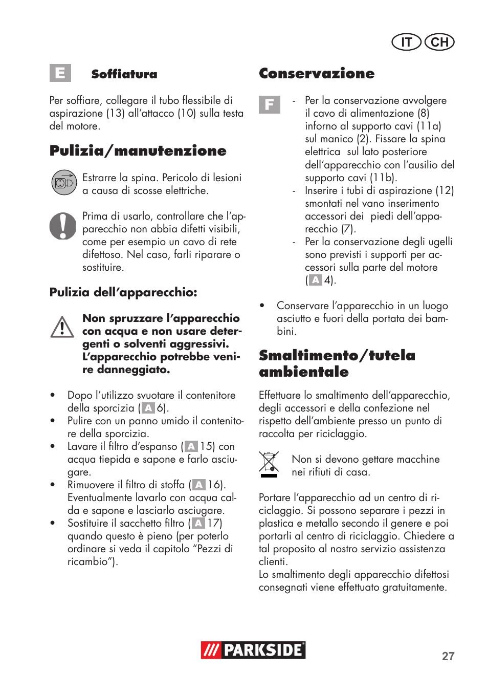 Pulizia/manutenzione, Conservazione, Smaltimento/tutela ambientale | It ch | Parkside PNTS 1300 B2 User Manual | Page 27 / 44