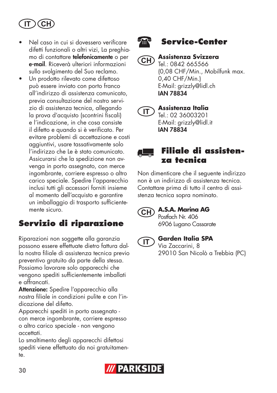 Servizio di riparazione, Service-center, Filiale di assisten- za tecnica | Parkside PNTS 1300 B2 User Manual | Page 30 / 44