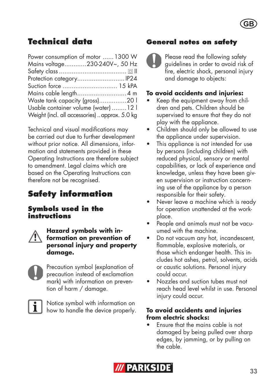 Technical data, Safety information | Parkside PNTS 1300 B2 User Manual | Page 33 / 44