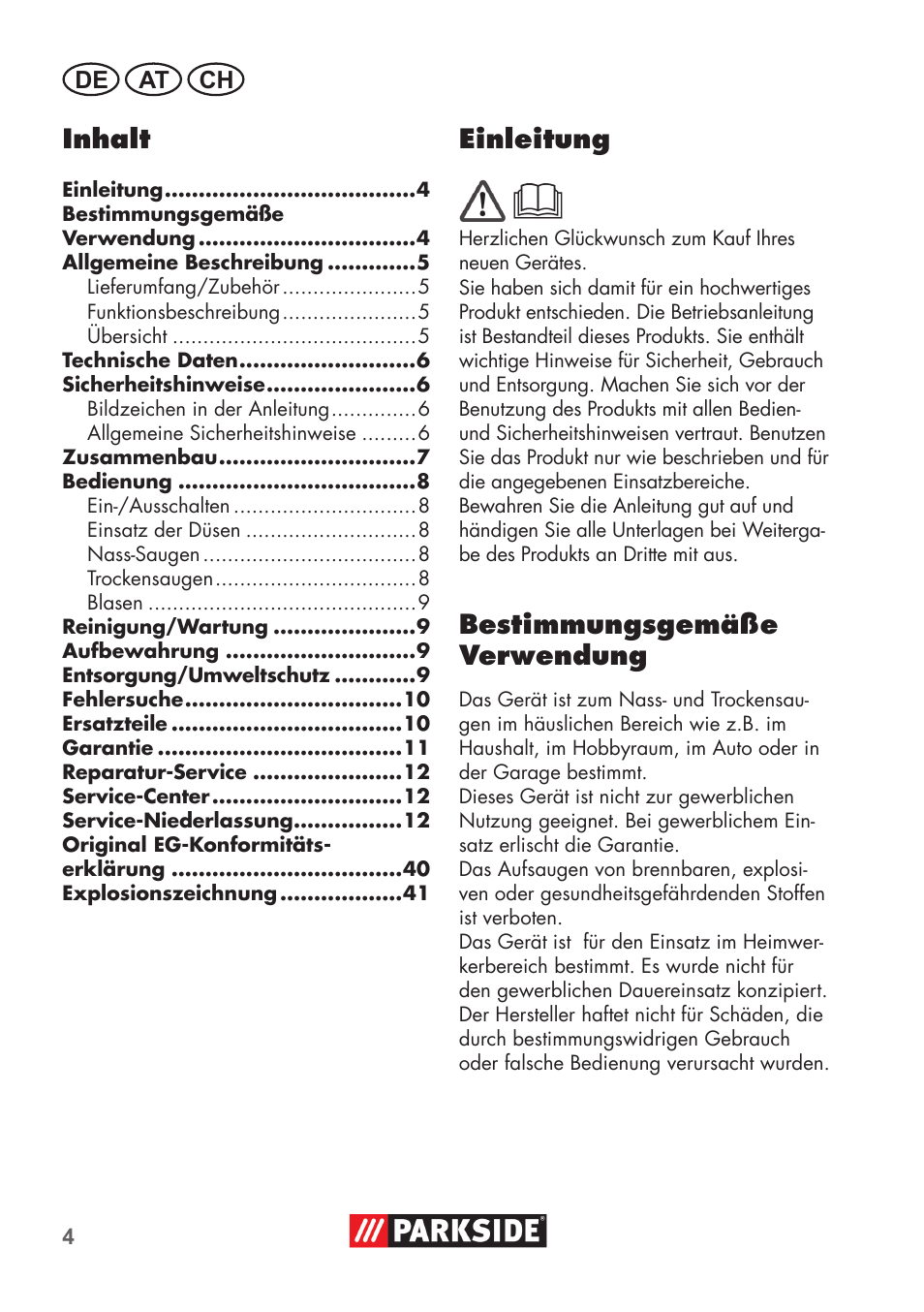 Inhalt, Einleitung, Bestimmungsgemäße verwendung | De at ch | Parkside PNTS 1300 B2 User Manual | Page 4 / 44