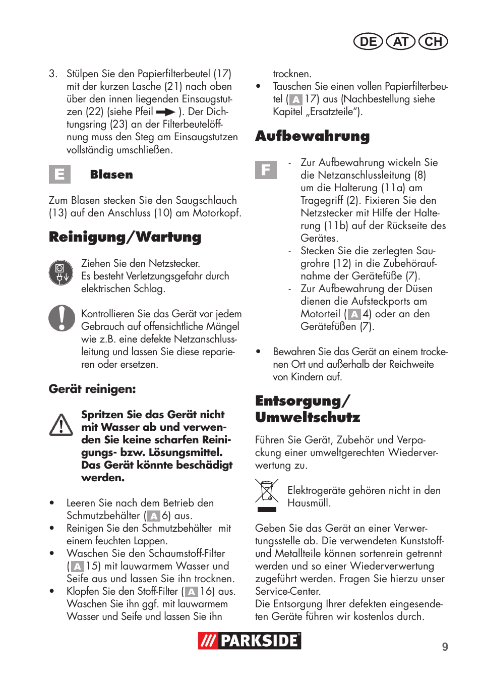 Reinigung/wartung, Aufbewahrung, Entsorgung/ umweltschutz | De at ch | Parkside PNTS 1300 B2 User Manual | Page 9 / 44