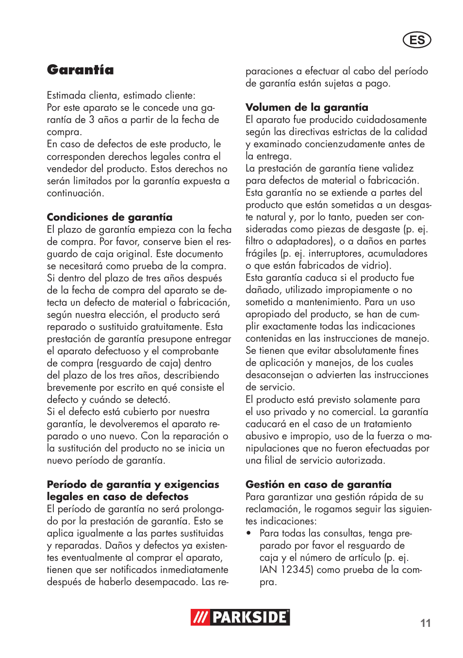 Garantía | Parkside PNTS 1300 B2 User Manual | Page 11 / 52