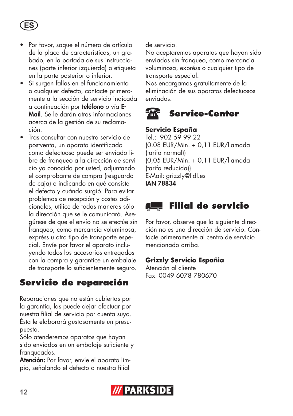 Servicio de reparación, Service-center, Filial de servicio | Parkside PNTS 1300 B2 User Manual | Page 12 / 52