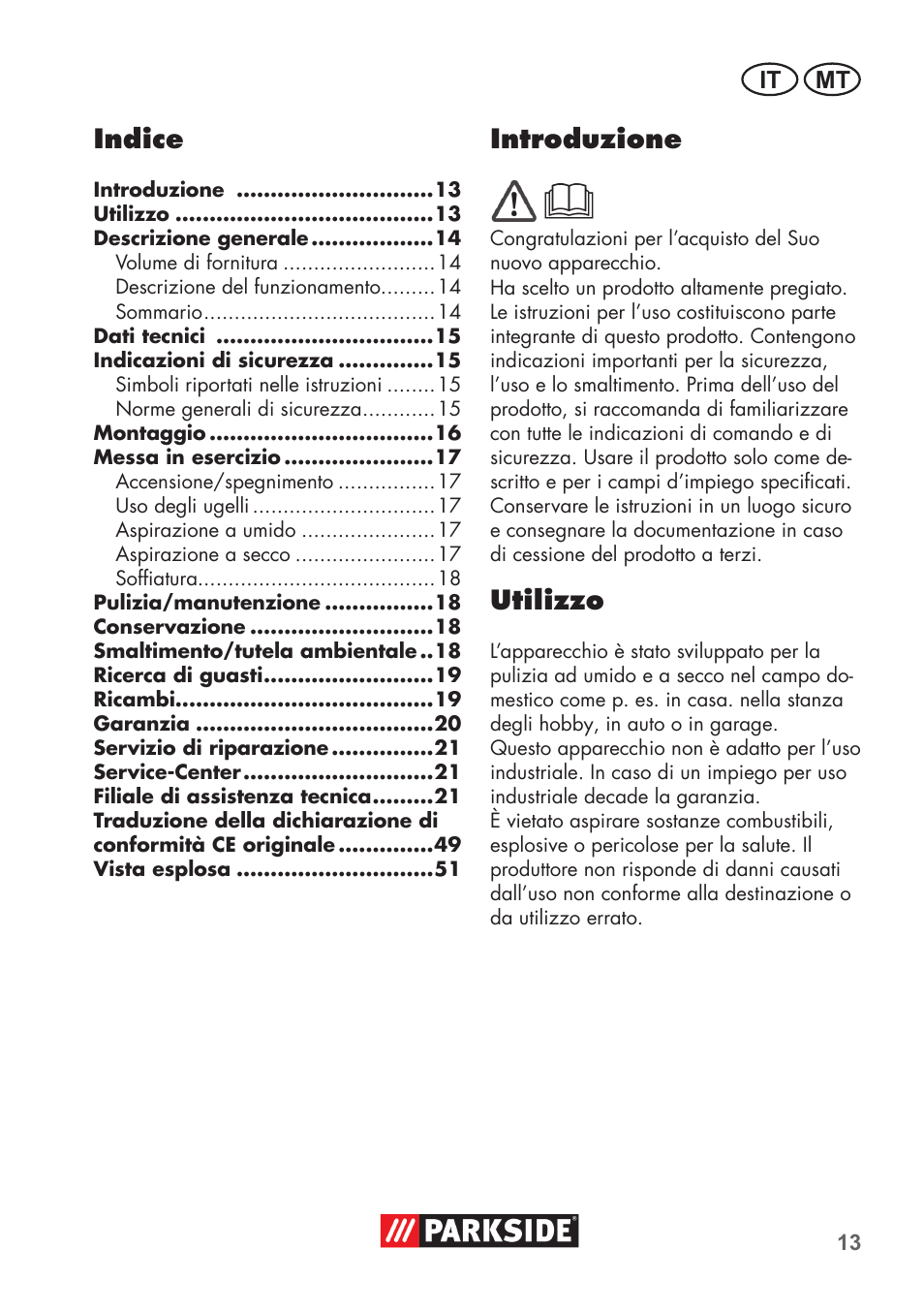 Indice, Introduzione, Utilizzo | It mt | Parkside PNTS 1300 B2 User Manual | Page 13 / 52